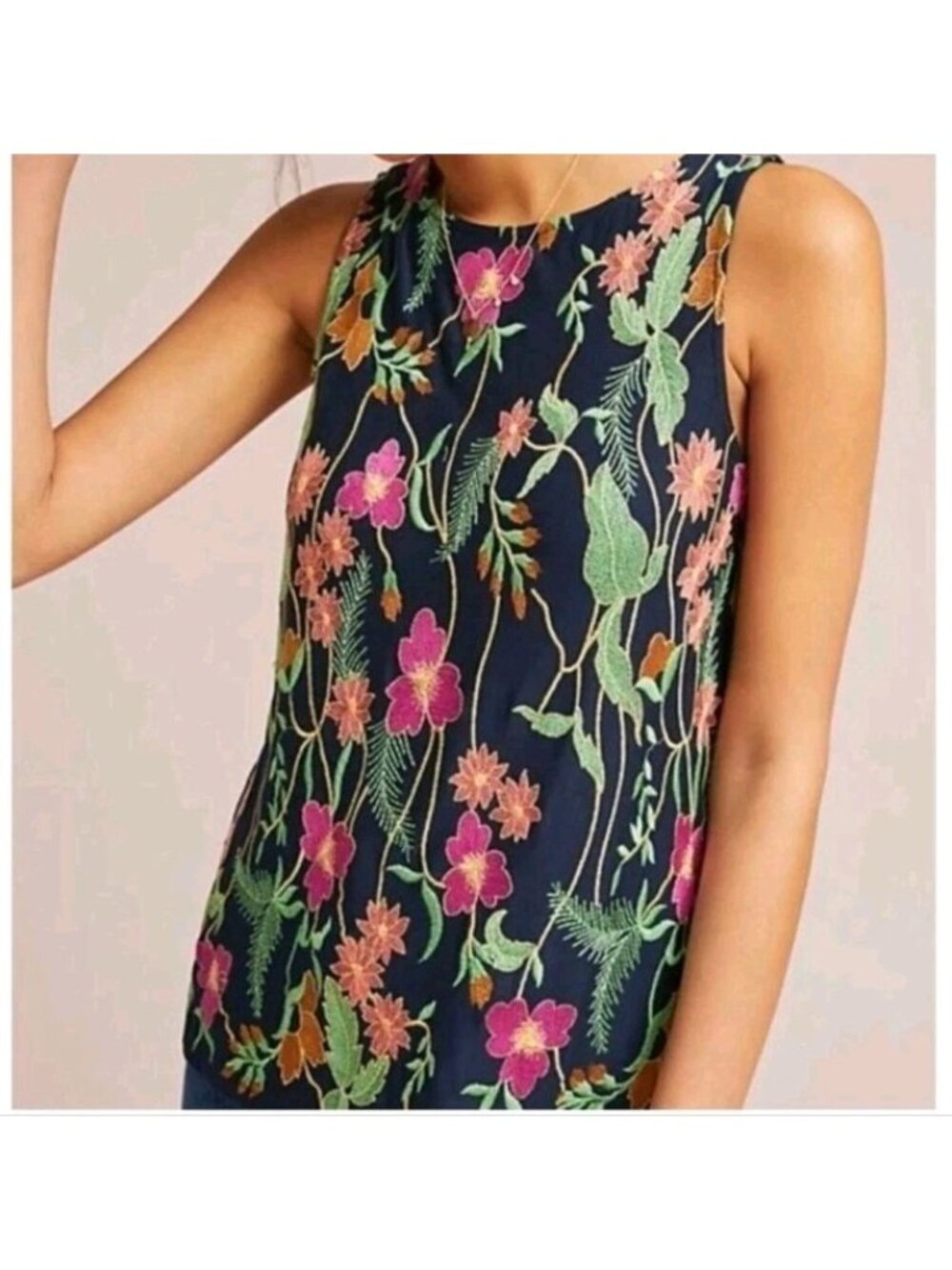 Anthropologie Meadow Rue Cartagena Floral Embroidered Tank XS Navy Green Pink